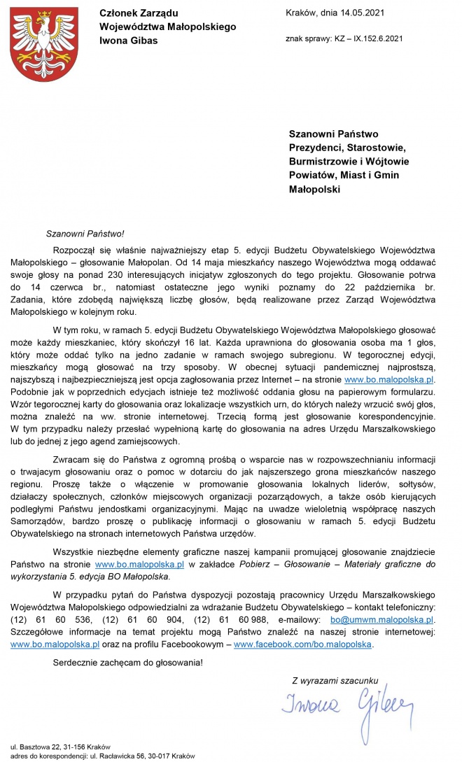 Pismo Członka Zarządu Województwa Małopolskiego.